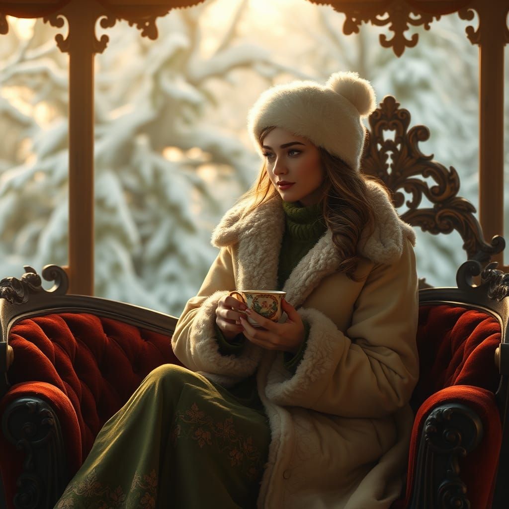 Woman in Winter Clothes with Tea, Matte Painting