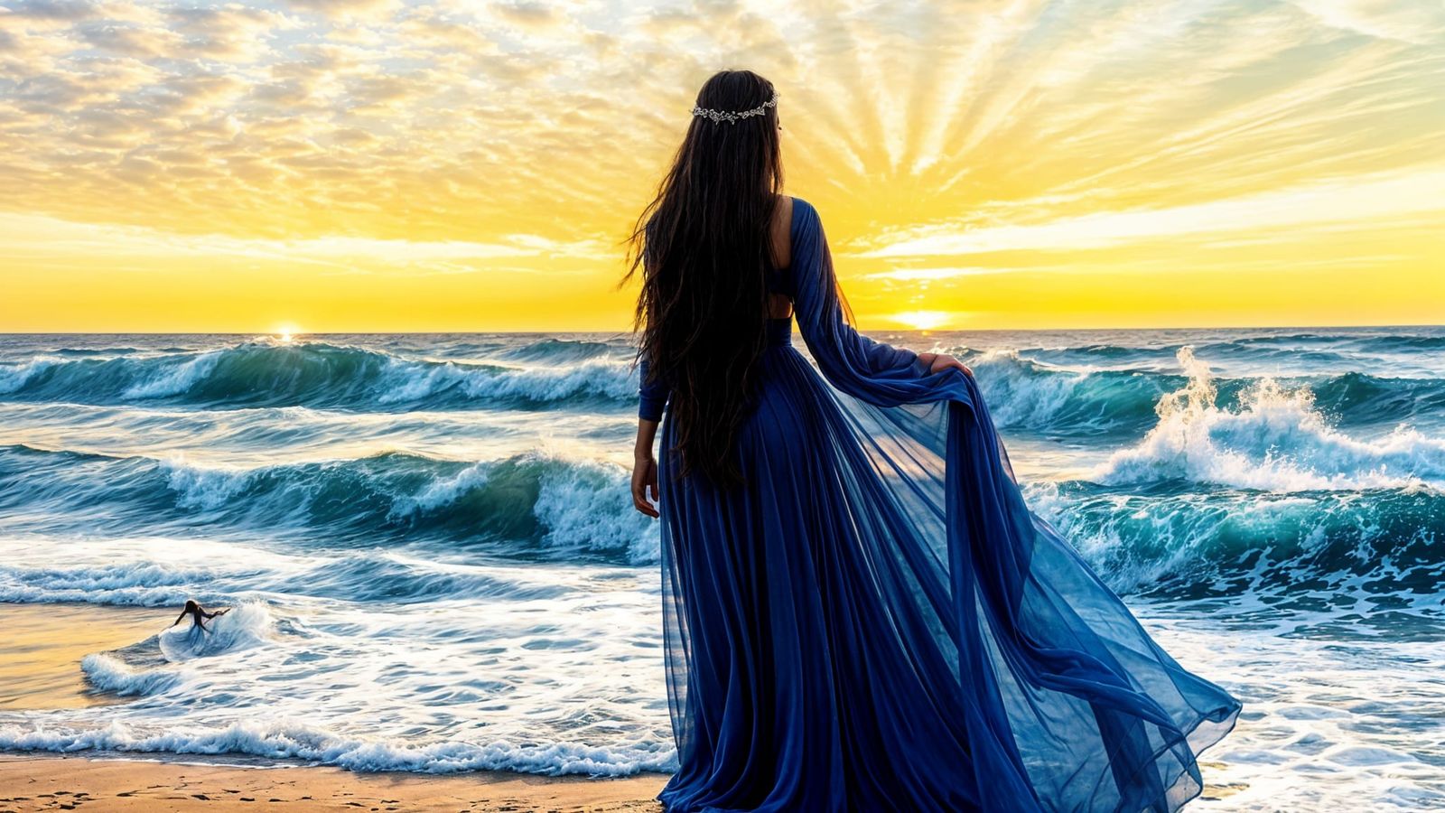 Majestic Ocean Goddess in Ethereal Blue Dress