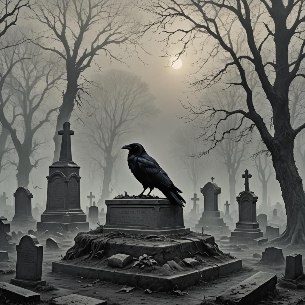 Gothic Crow on Gravestone in Fog, Engraving Style