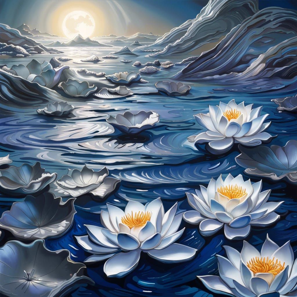 Silver Lotus Flowers on Quicksilver Sea