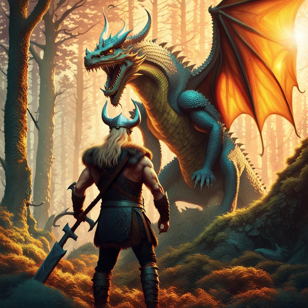 Viking Warrior and Dragon in Mystical Forest