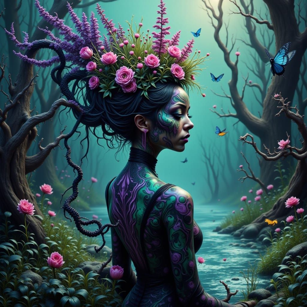 Gothic Celestial Scene with Biohazard and Pink Camouflage El...