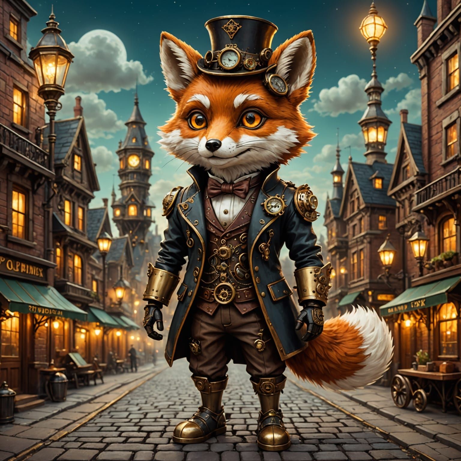 Cute Steampunk Fox with Gears in Victorian City