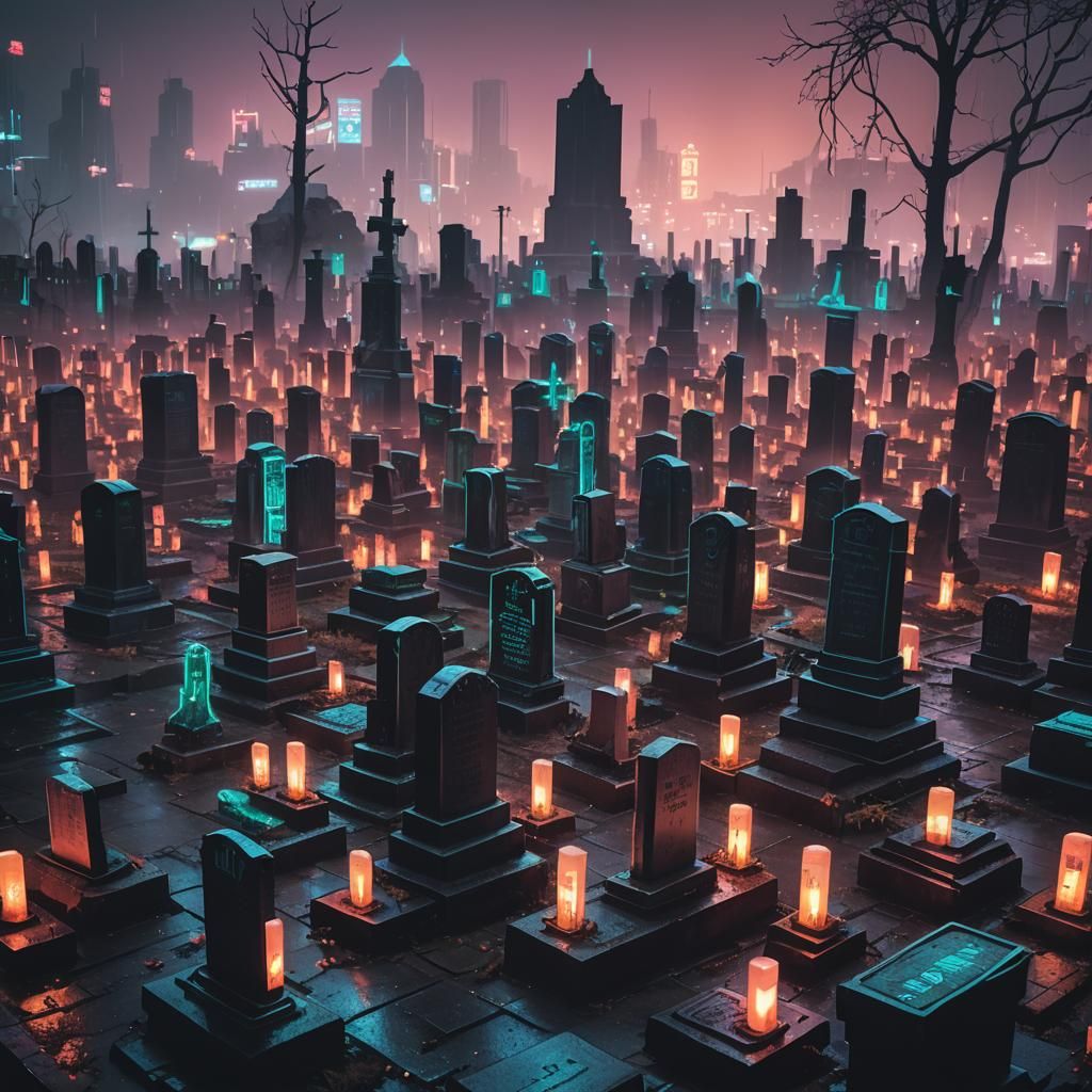 Cyberpunk Pet Cemetery: Neon Noir Cityscape