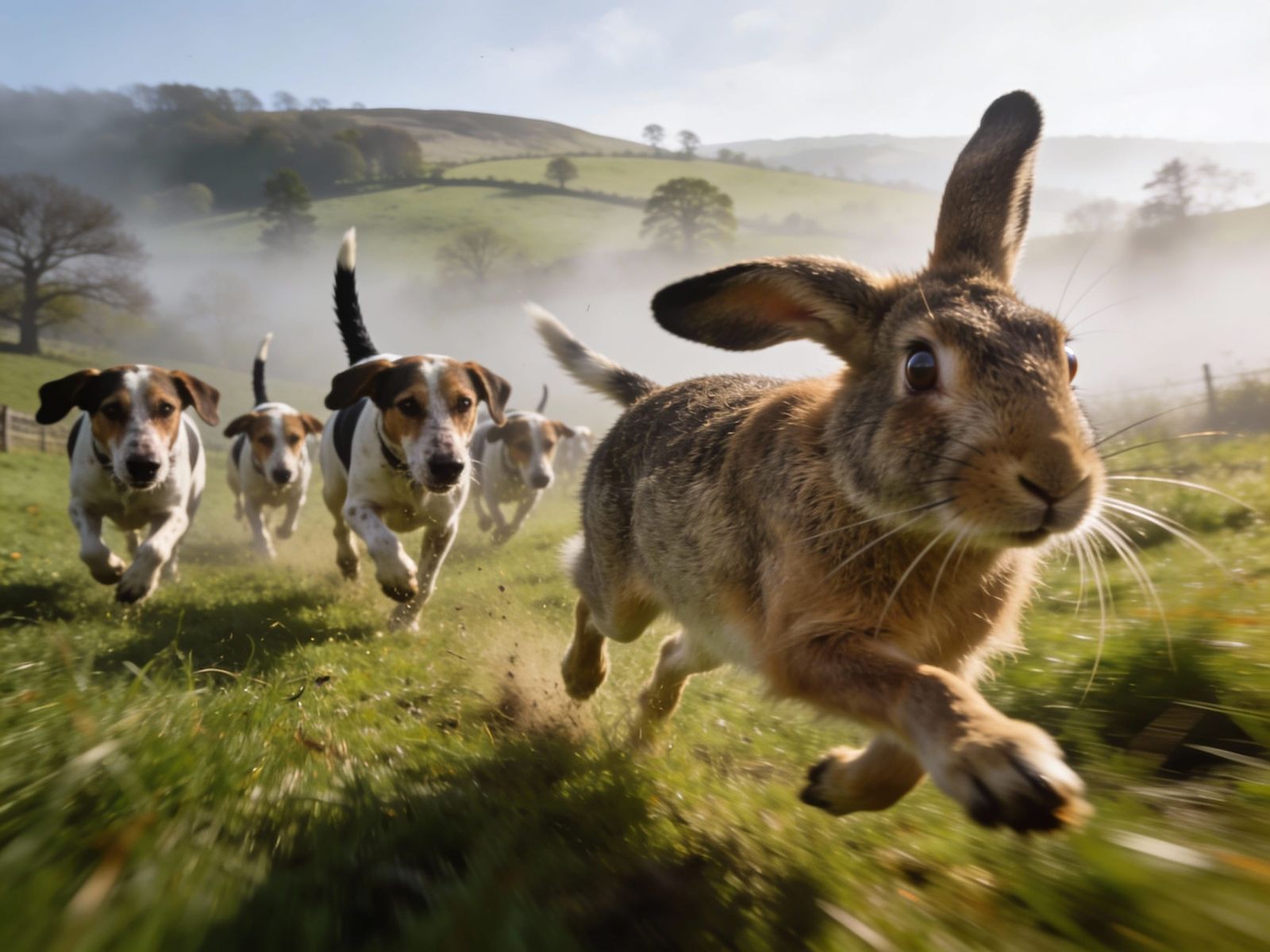 Rabbit Flees Hounds in Misty English Countryside