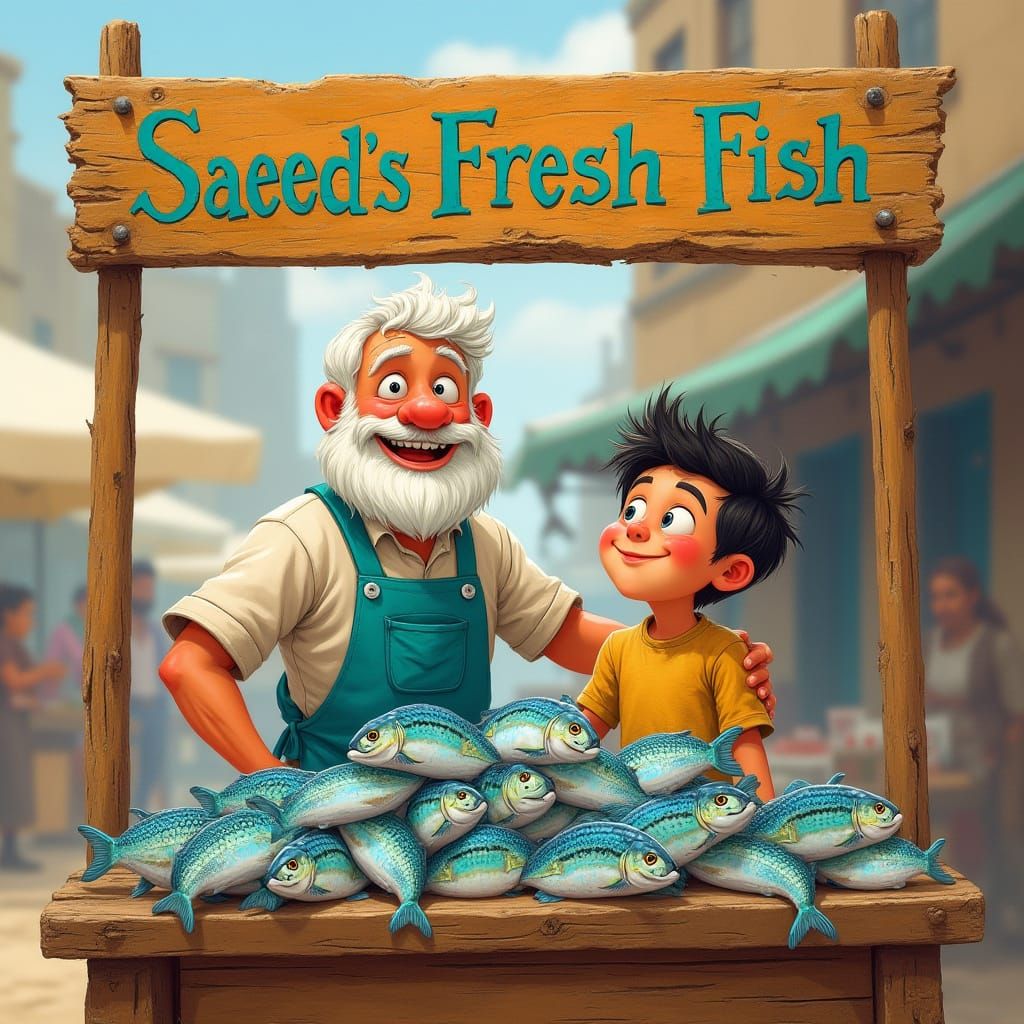 Friendly Fishmonger in Whimsical Market Scene
