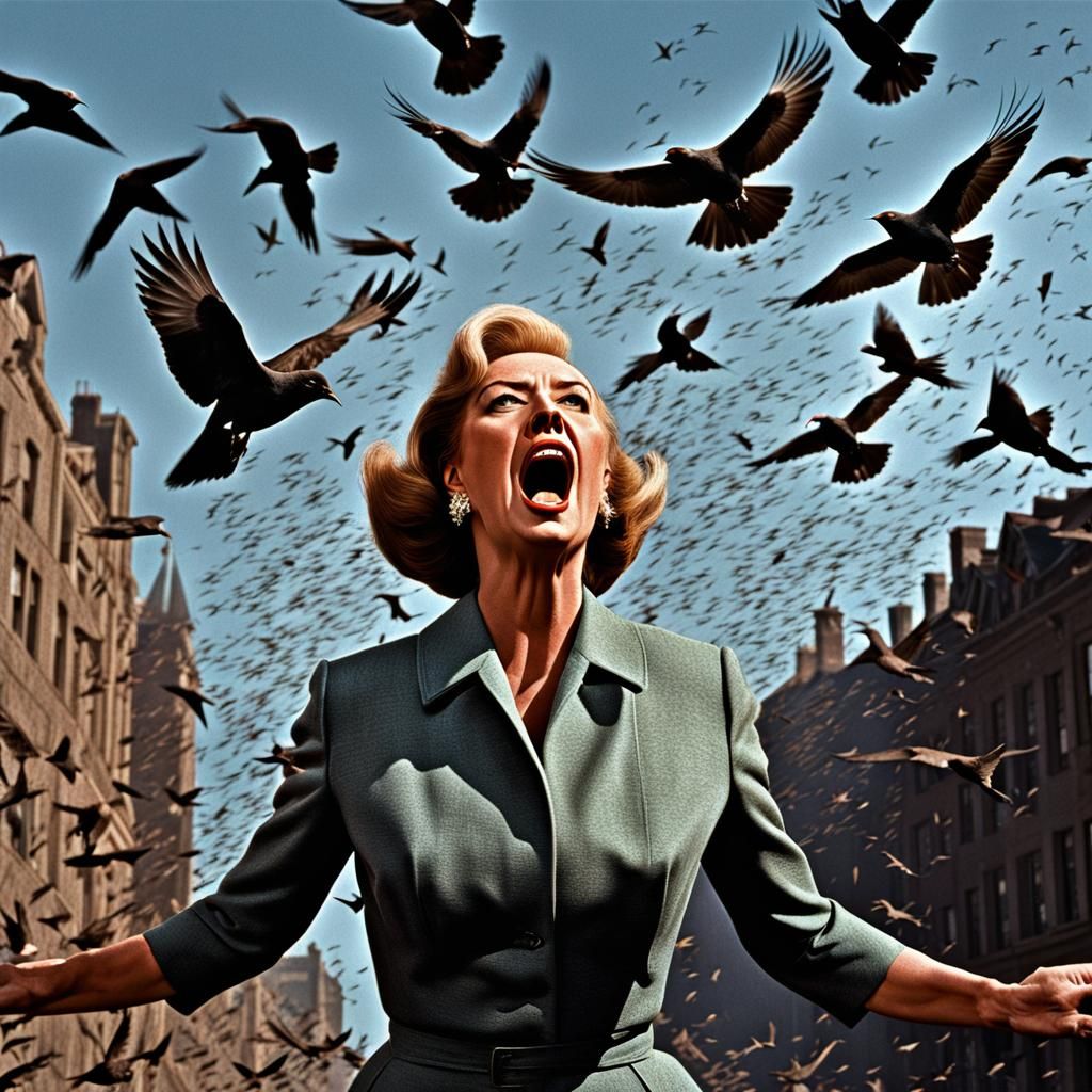 Birds Attack Socialite: Hyper-Detailed Scene