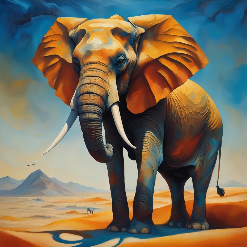 Surreal Desert Elephant in Oil on Canvas Style