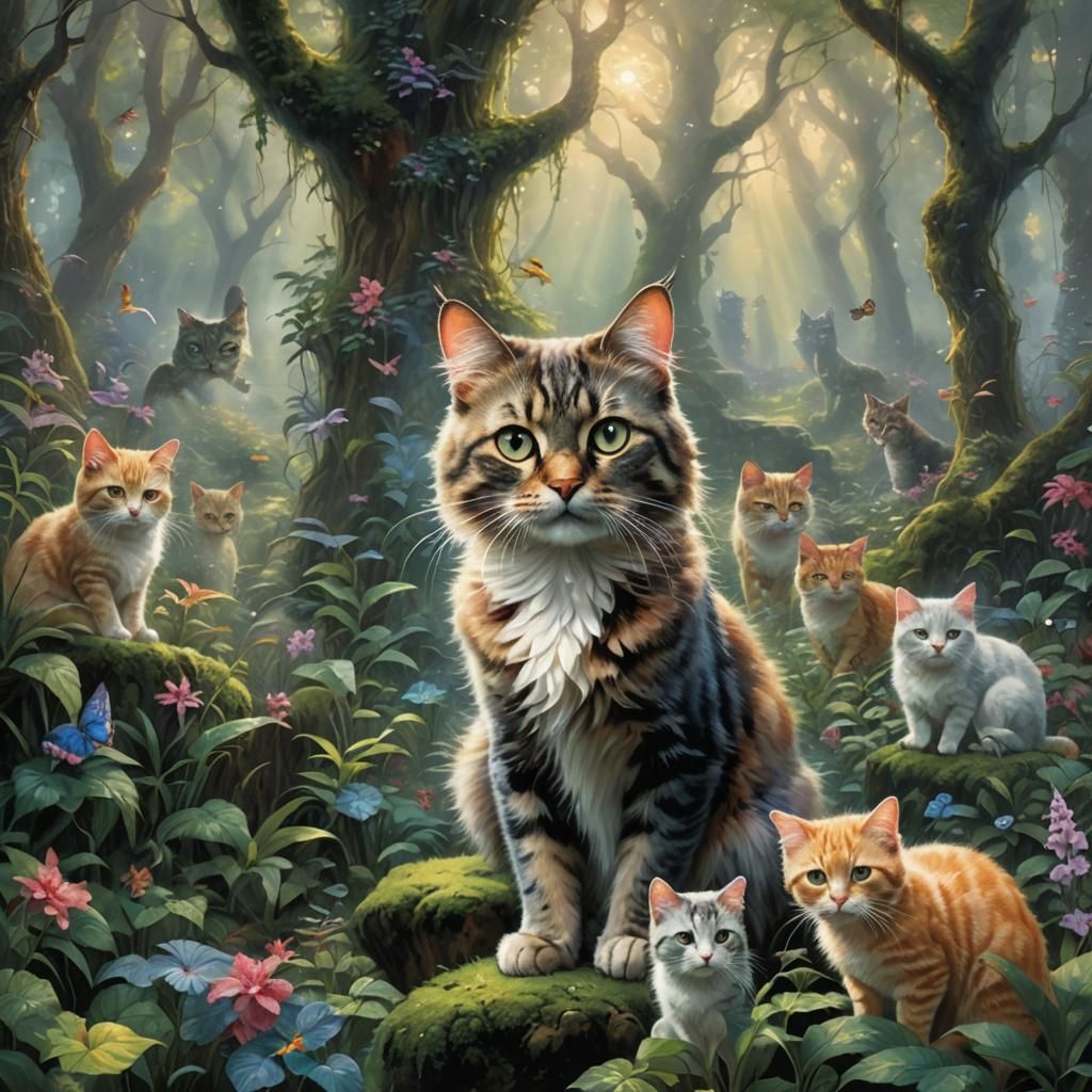 Cat Surrounded by Cats in Ethereal Forest