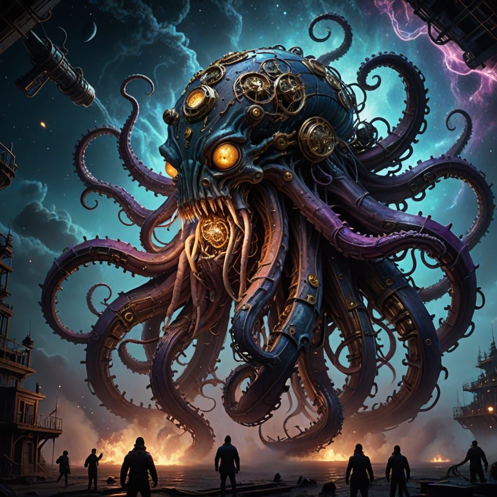 Steampunk Kraken in Cosmic Nebula - Photorealistic Concept A...