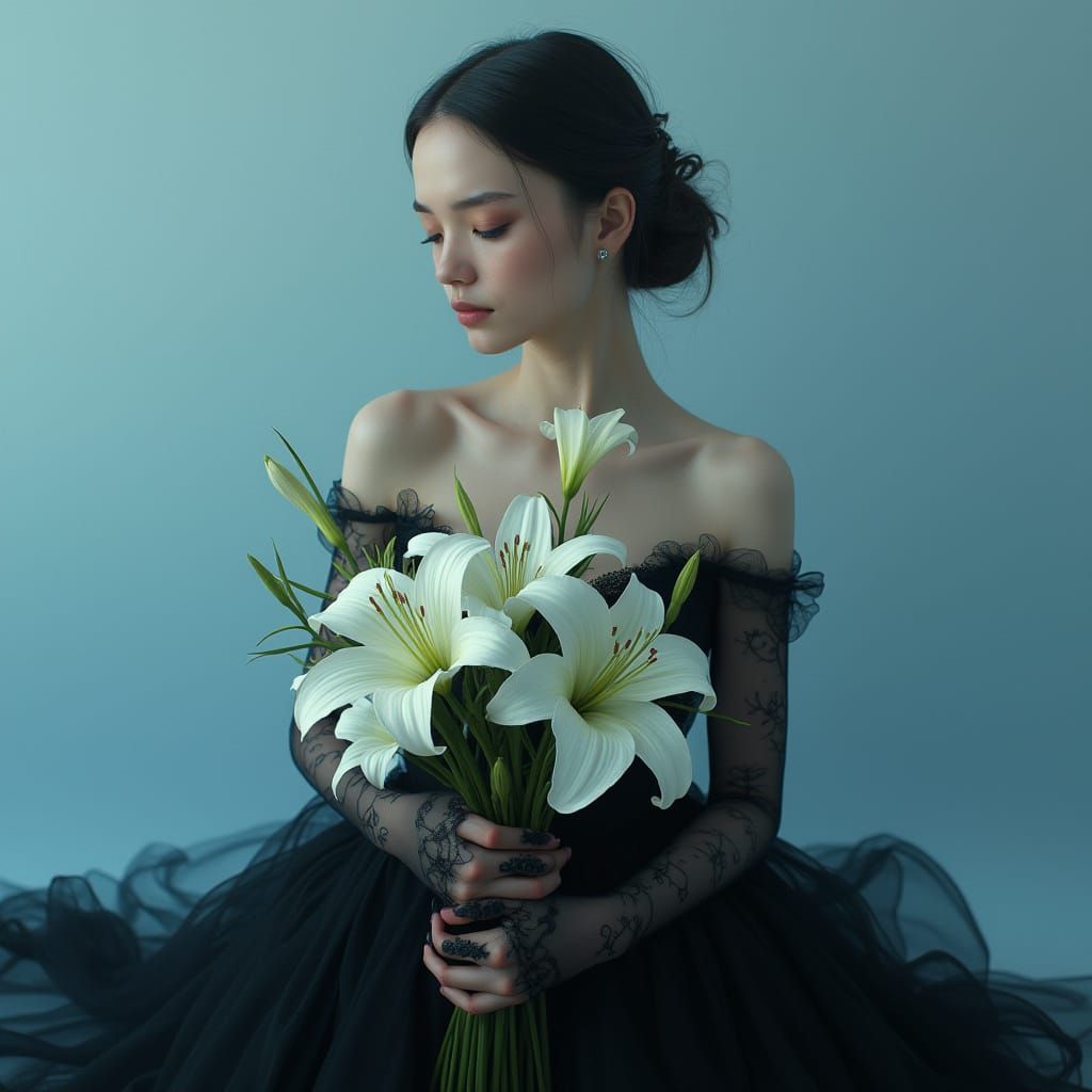Mystical Young Woman in Black Gown with White Lilies