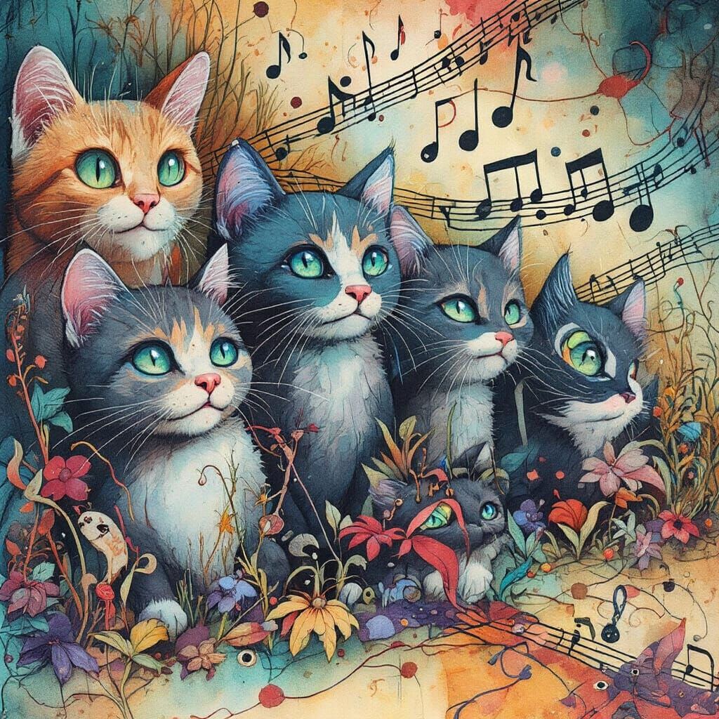 Whimsical Character with Cats in Surreal Watercolor