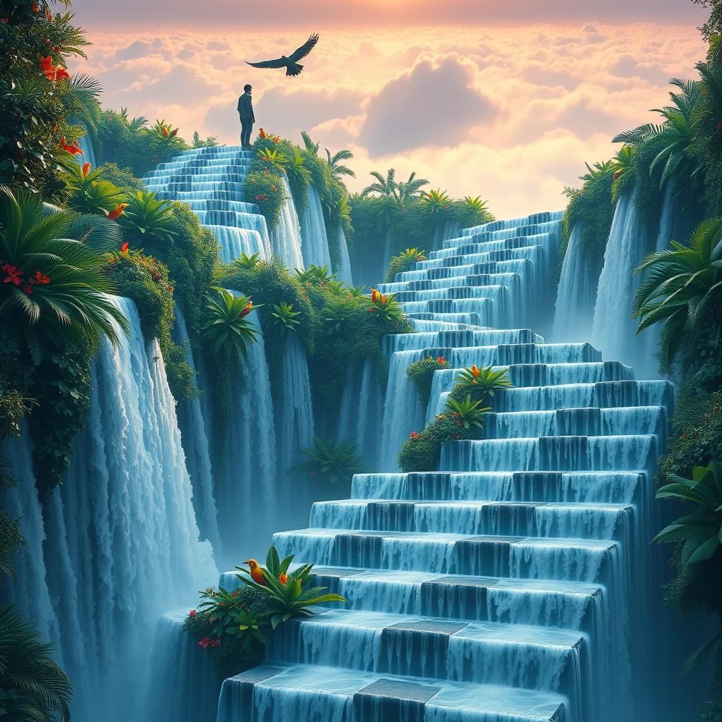 Waterfall Staircase: Hyperrealistic Tropical Scene in Unreal...