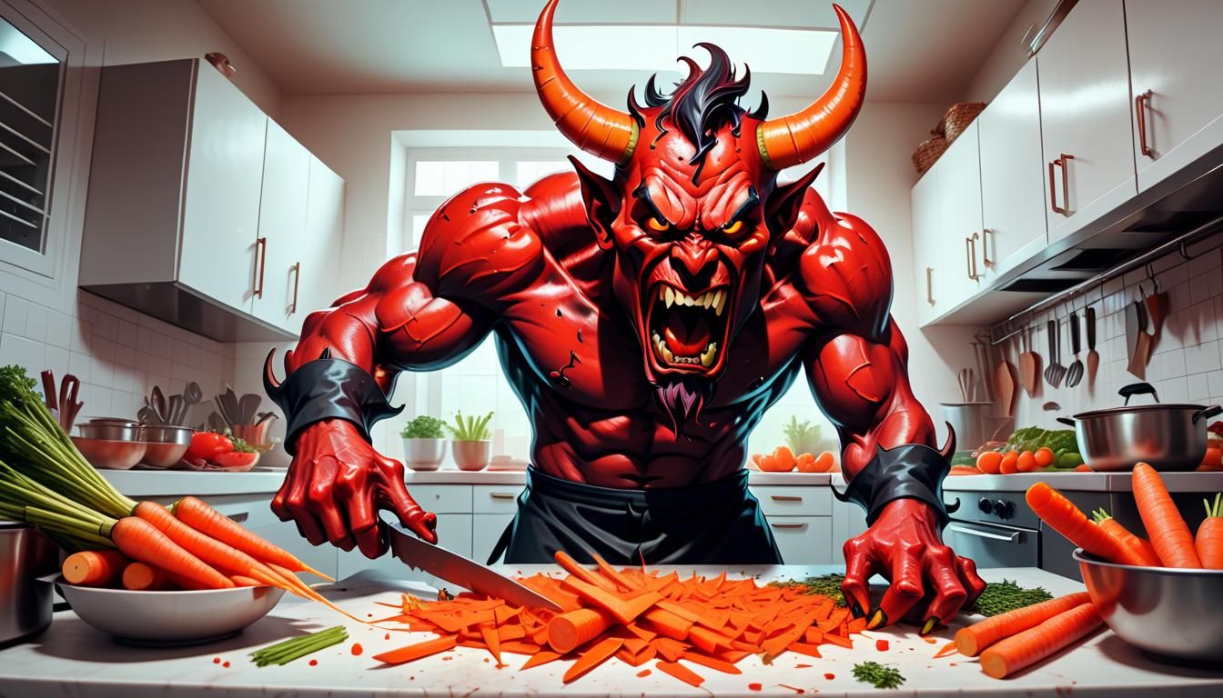 Angry Devil Chopping Carrots in Cartoon Style