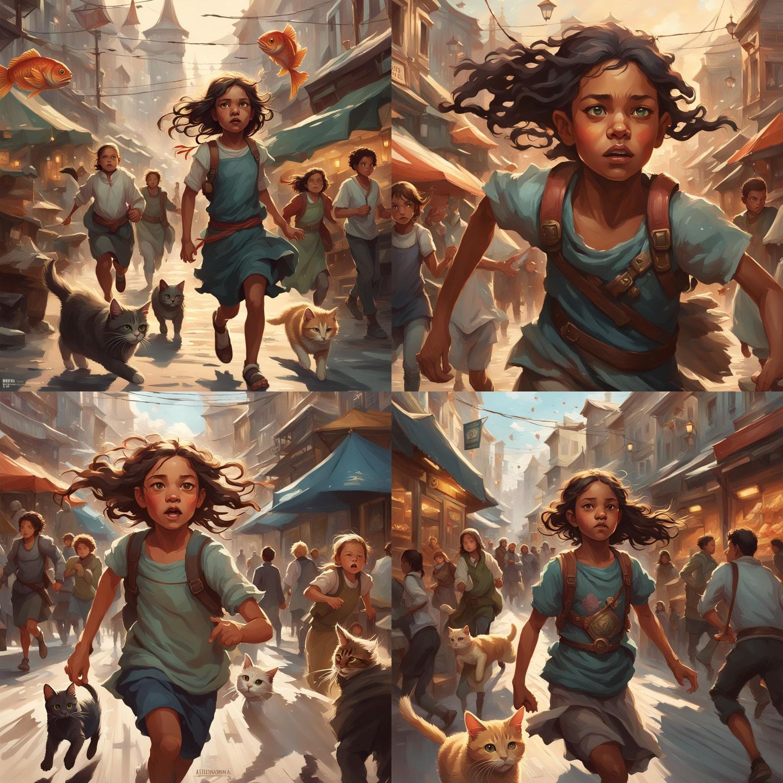 Girl Chasing Cat Through Market Street, Hyperdetailed Portra...