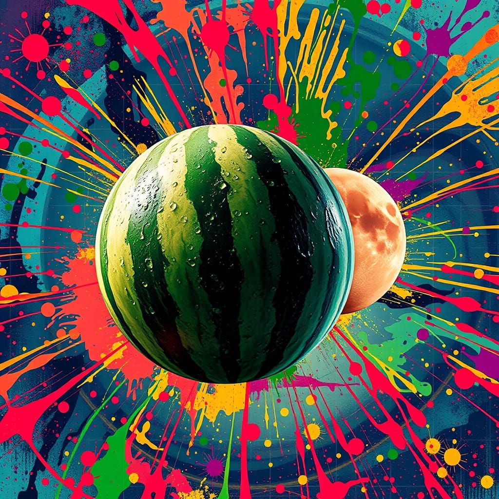 Hyperrealistic Watermelon Earth and Peach Moon in Swirling V...