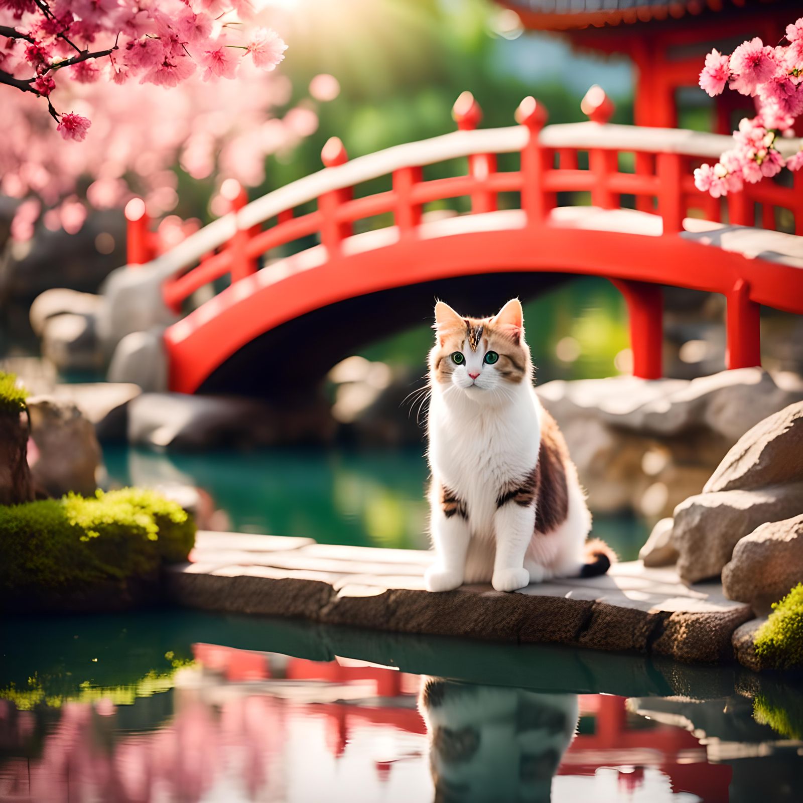 Cute Cat in Spring Magic Chinese Garden