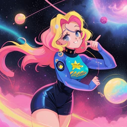 Cosmic Pin-Up Girl in Retro-Futuristic Galaxy Scene