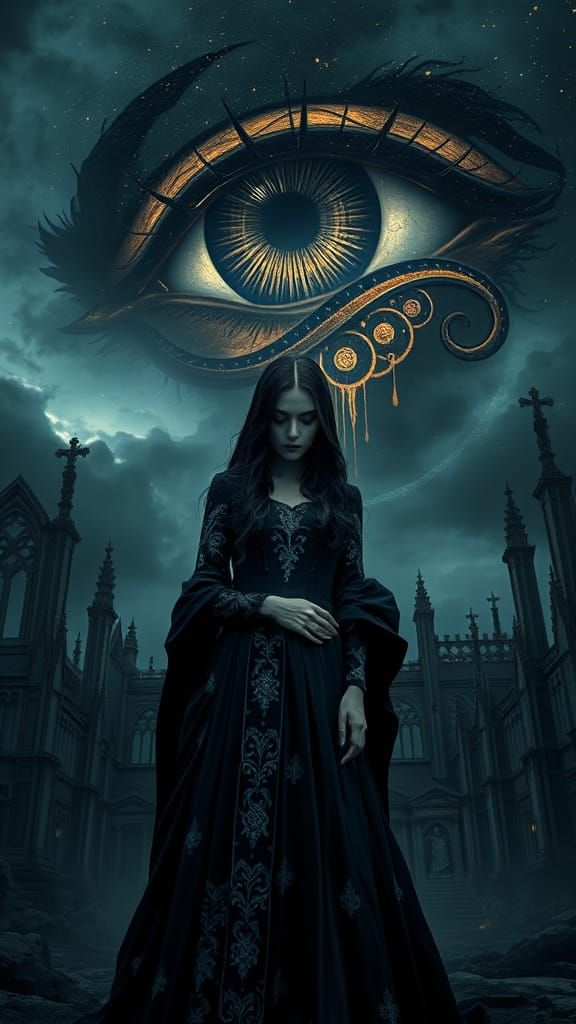 Sorrowful Woman in Twilight Realm with Ancient Eye and Gothi...