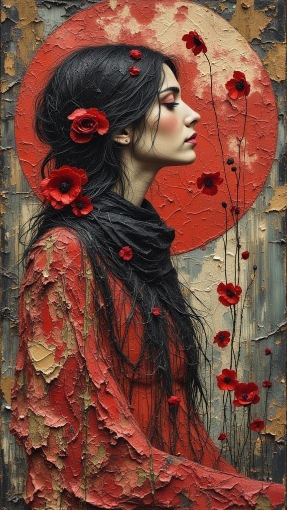 Melancholy Woman in Red Dress with Poppies