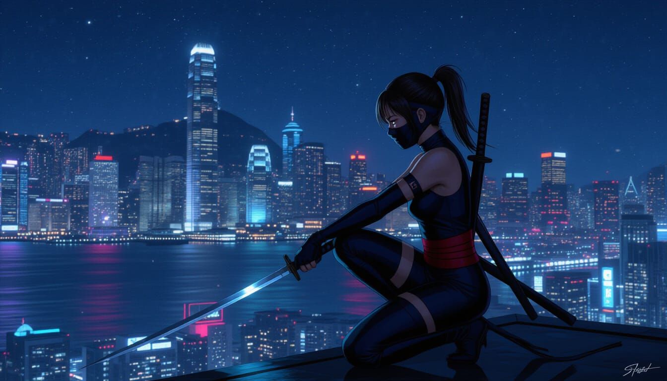 Ninja Girl Gazing Over Neon Tokyo at Night