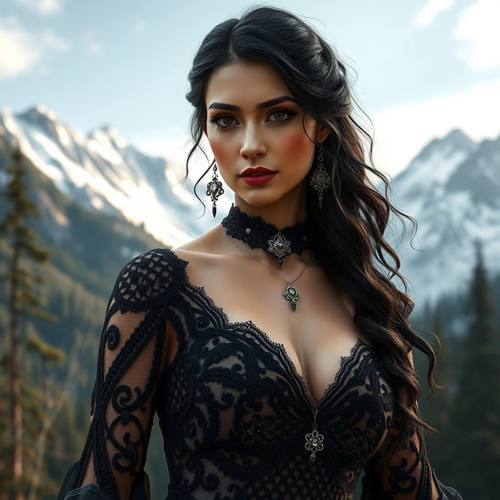 Regal Dark Fantasy Goddess in Snow-Capped Mountains