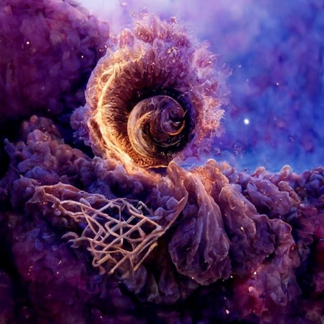 Fibonacci Galaxy Emerges from Purple Nebula in Magic Realism