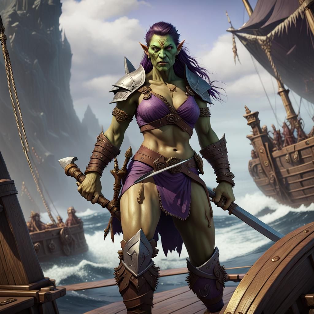 Half-Orc Barbarian on Ship: Dark Fantasy Art