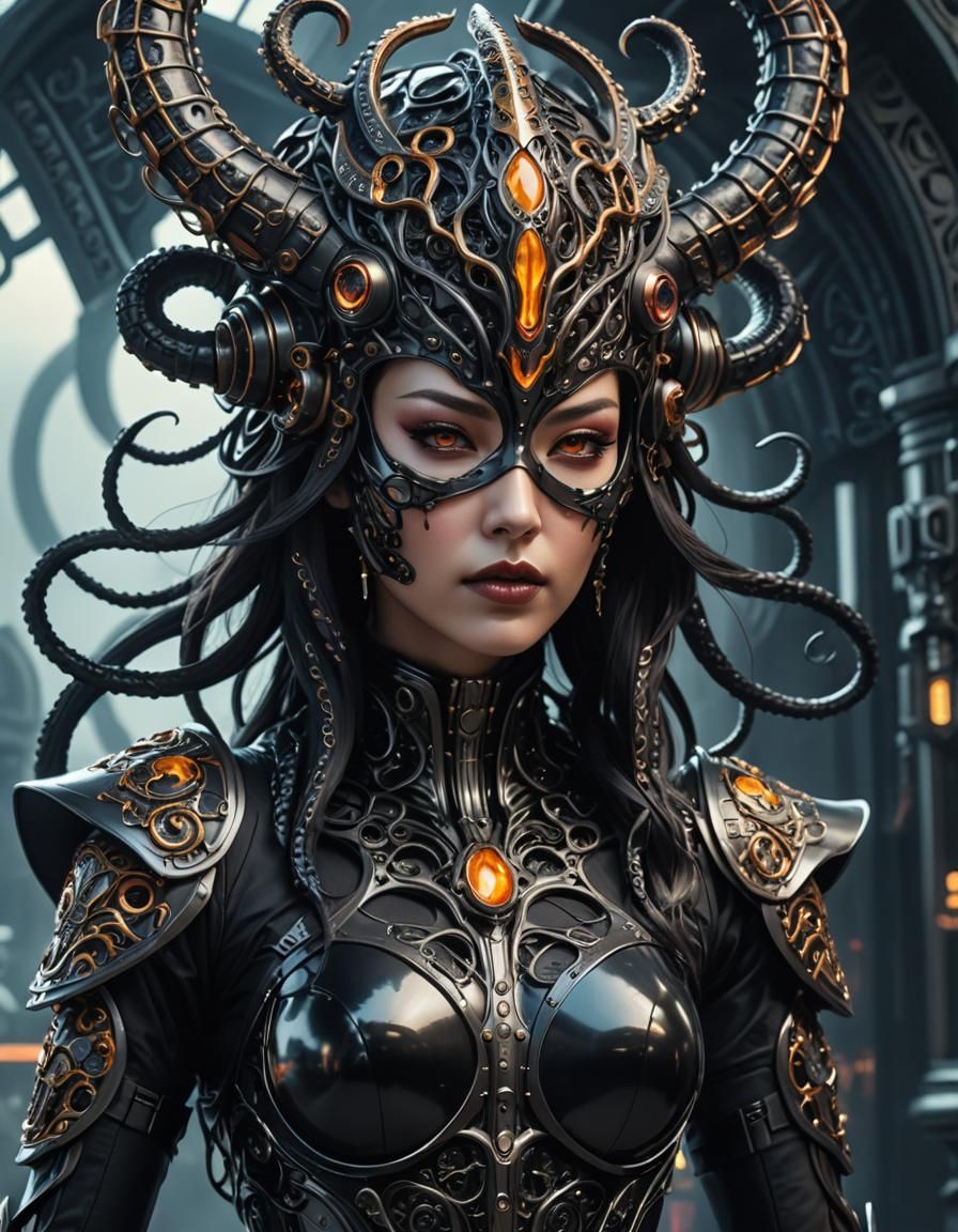 Obsidian Tentacle Demon Knight in Retrofuturist Style