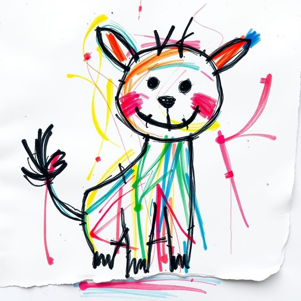 Naive Crayon Animal Drawing in Basquiat Style