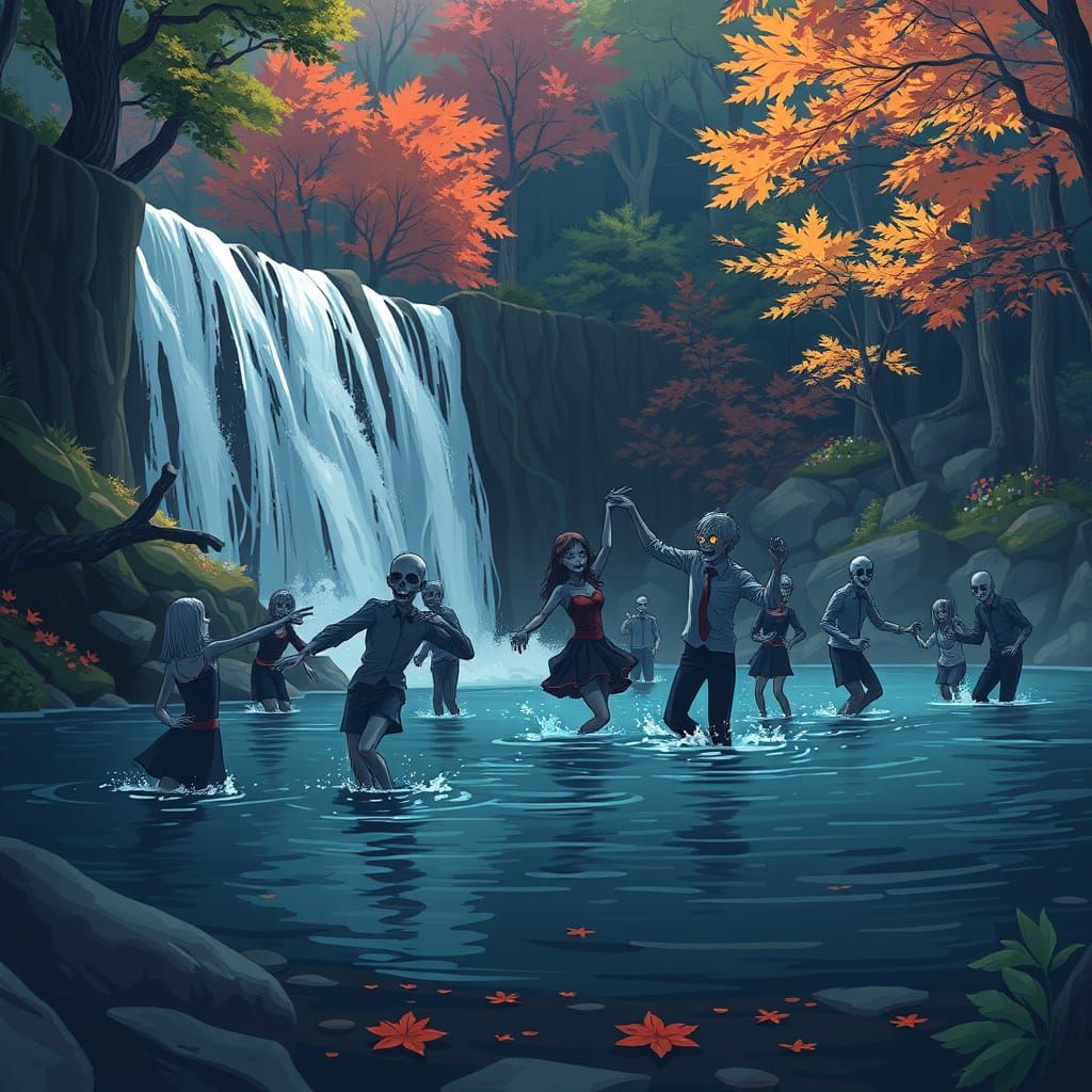 Anime Zombies Dance at Autumn Waterfall