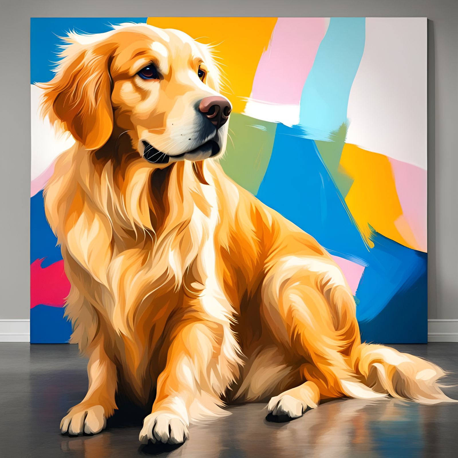 Modern Portrait Painting of a Dog in Front of a Painting