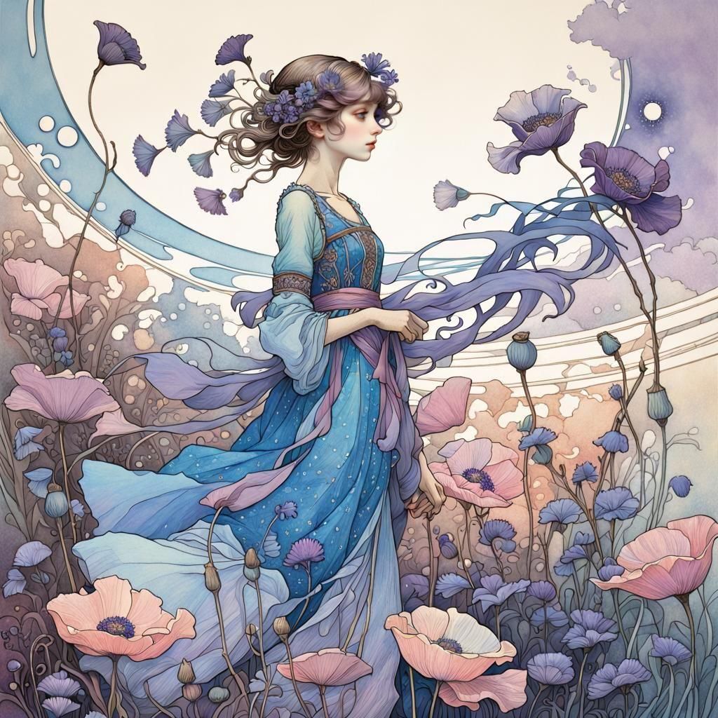 Poppy Blossom Field in Art Nouveau Style