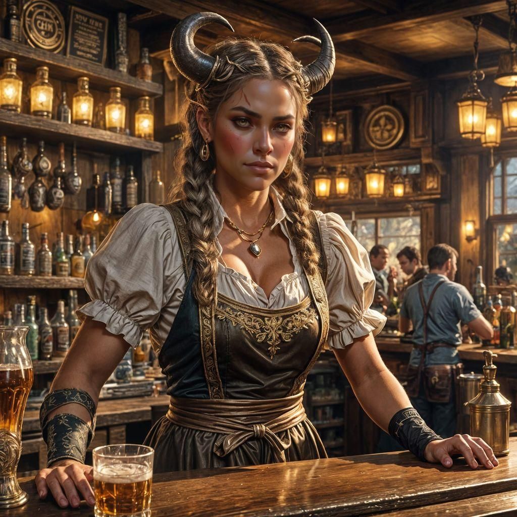 Epic Female Minotaur Bartender in Fantasy Tavern