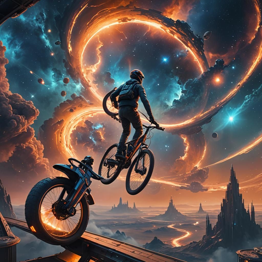 Man Rides Galaxy Bike Overlooking Nebula