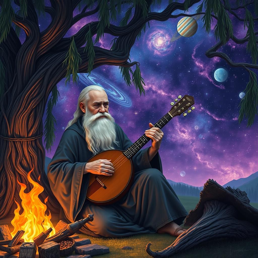Medieval Bard Under Astral Willow Tree in Holographic Style
