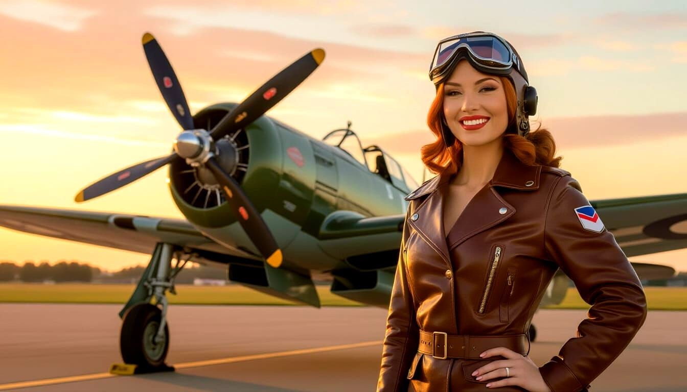 Glamorous Pinup Aviator Poses With Vintage Thunderbolt Plane