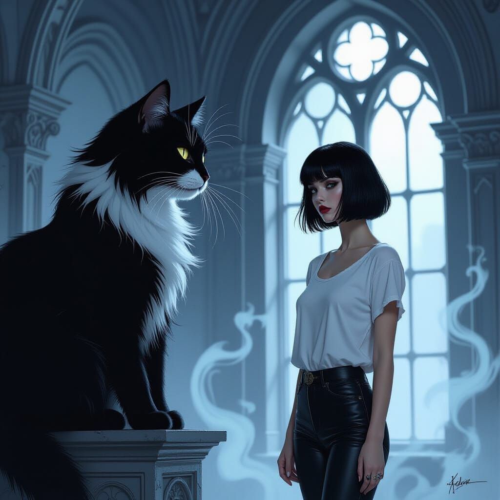 Goth Woman and Ancient Tuxedo Cat in Moonlight