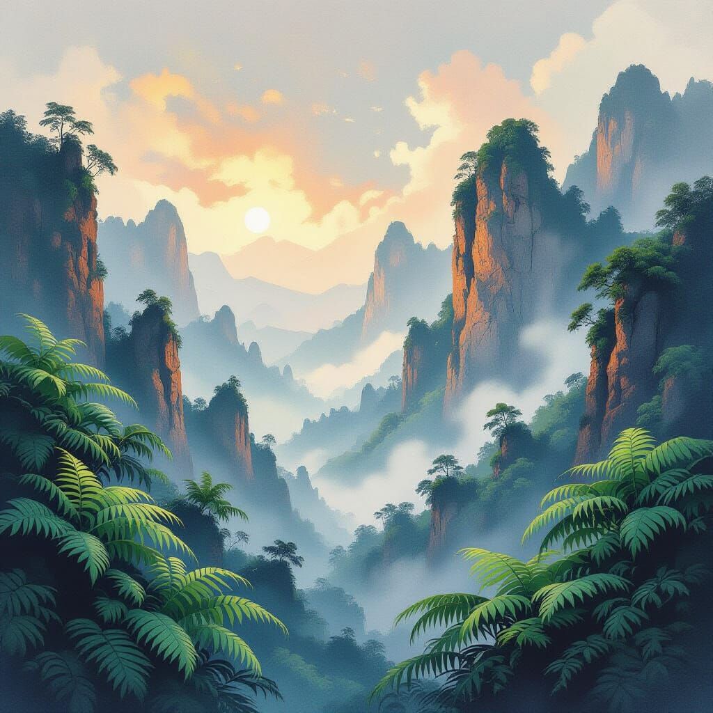 Chinese Landscape with Lush Ferns and Volcanic Cliffs