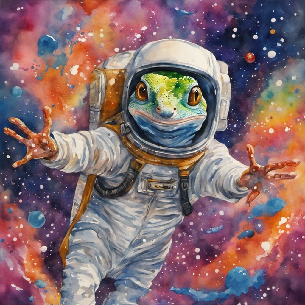 Gecko Astronaut Leaping in Space, Graffiti Art