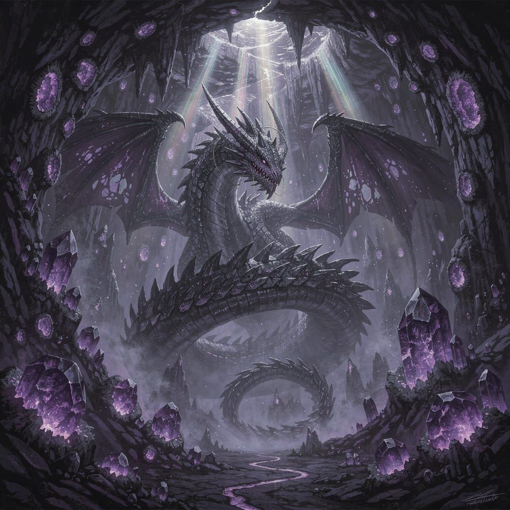 Dark Crystal Dragon Guards Luminous Amethyst Cave
