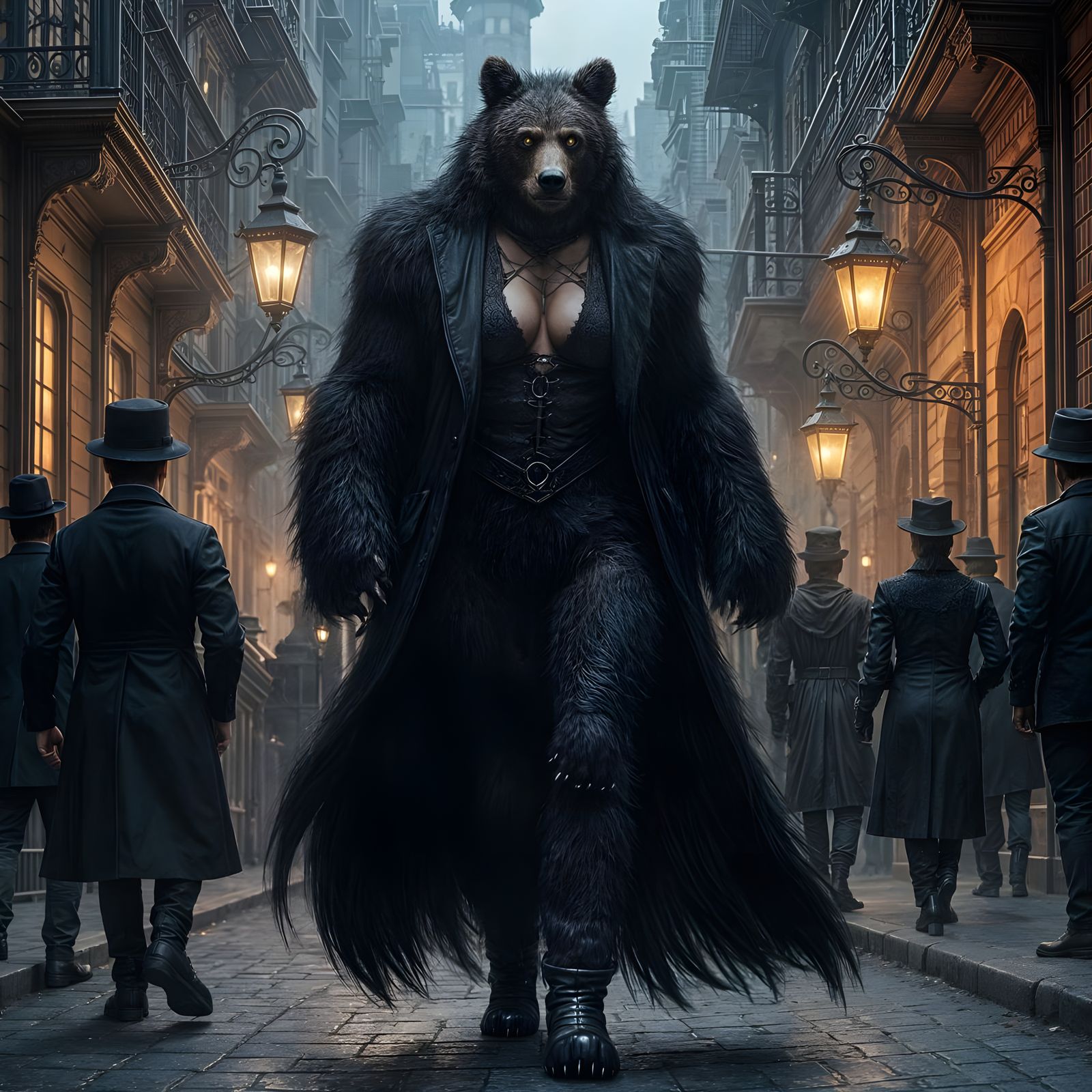 Gothic Werebear Walks City Street at Night