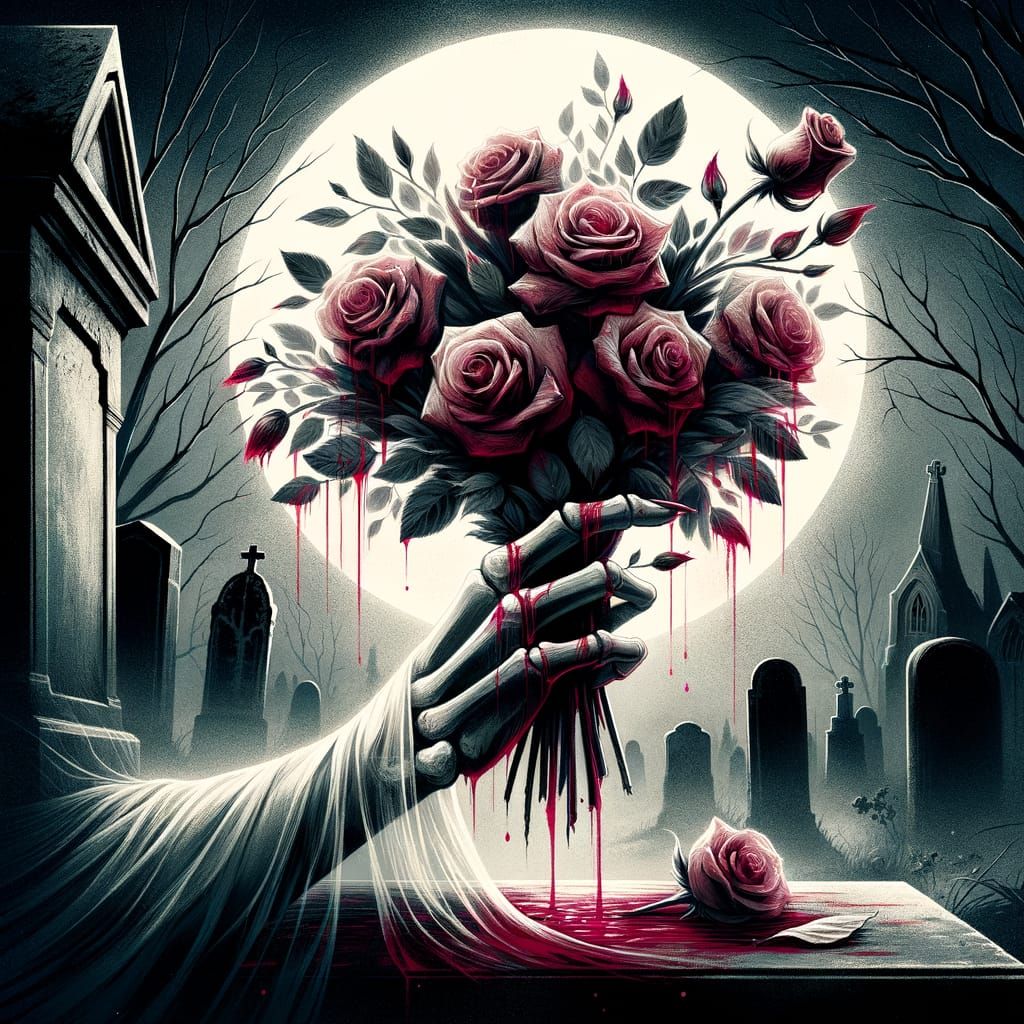 Bloody Roses on Gravestone Under Moonlight