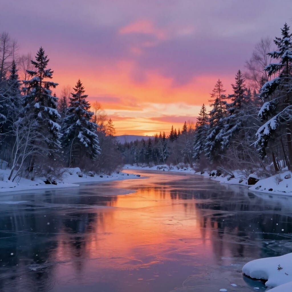 Vibrant Sunset Over Frozen River and Snowy Trees