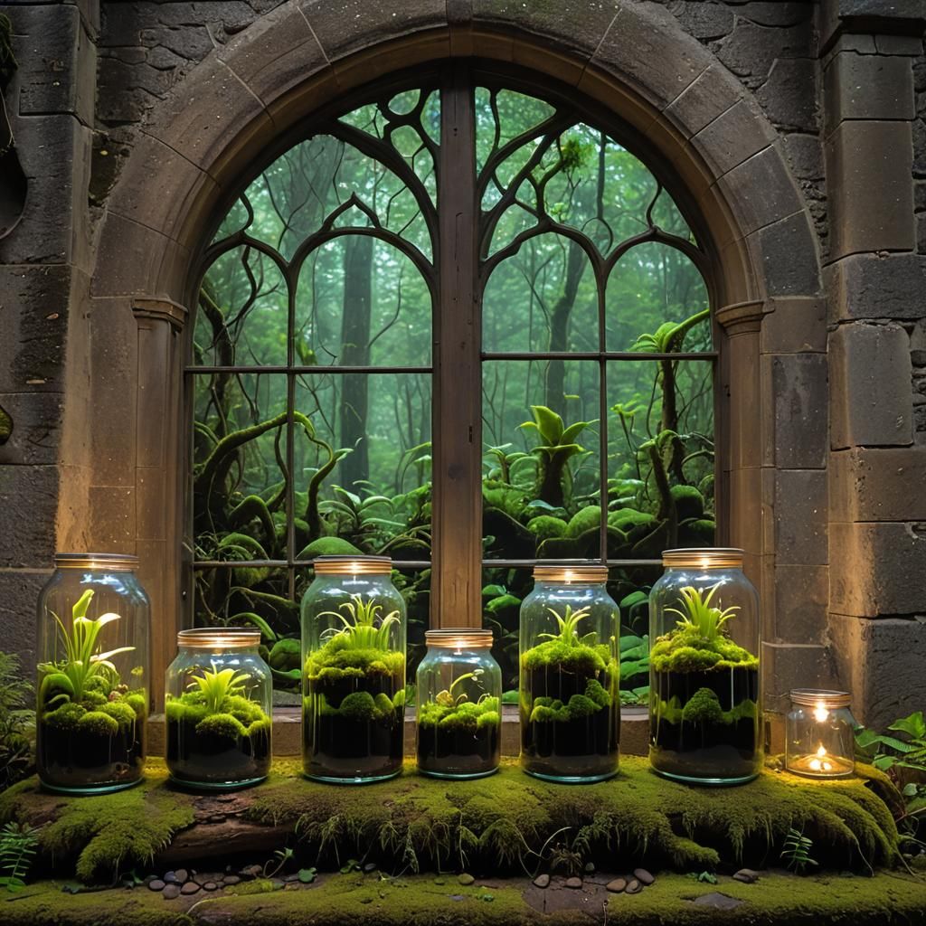 Bioluminescent Moss and Plants in Arched Window