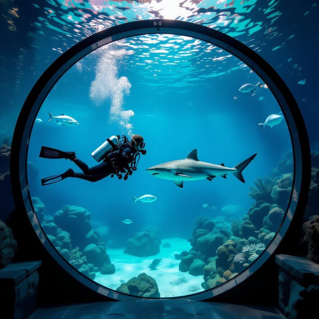 Diver and Shark Swim Together in Spectacular Round Aquarium