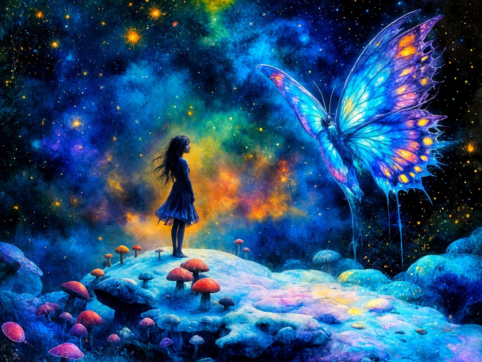 Ethereal Fairy in a Somber, Psychedelic Watercolor Realm