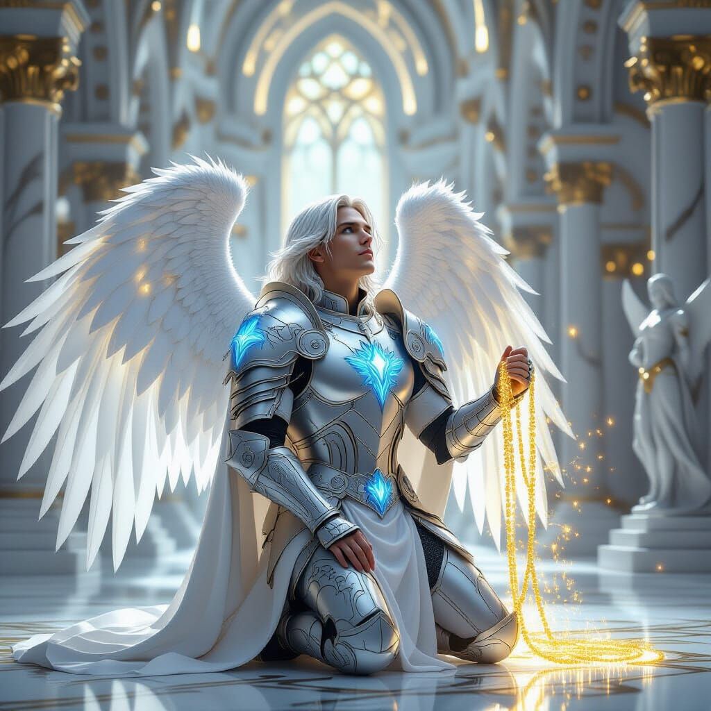 Majestic Angel Kneeling in Golden Cathedral