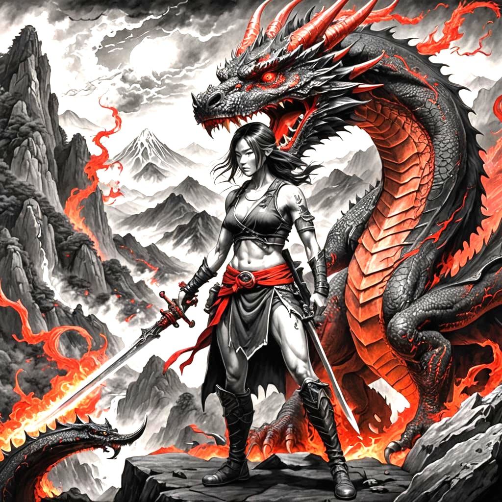 Fiery Dragon Confrontation: Hyperdetailed Charcoal Drawing