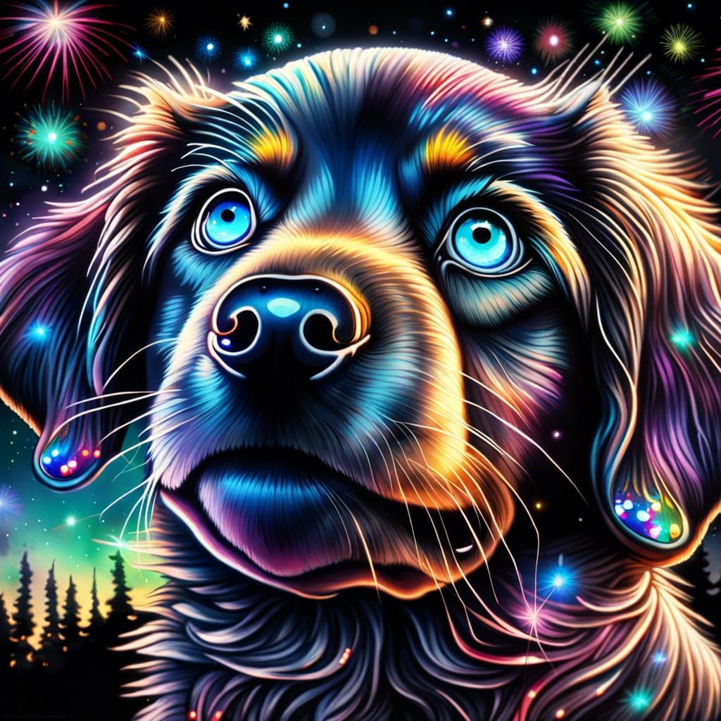 Puppy's Iridescent Eyes Reflect Fireworks Display